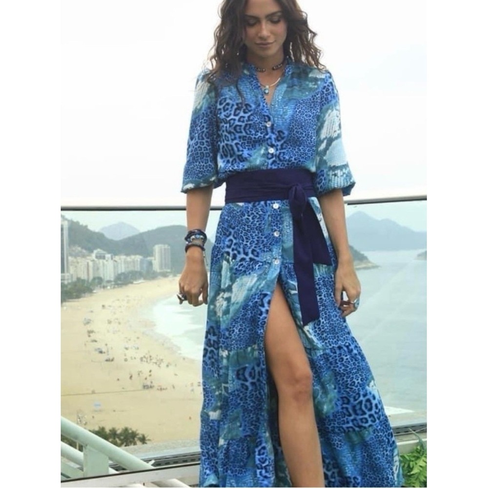 Cristina Sabatini Blue Animal Print Maxi Dress Tiered Sash Belt Resortwear 18.5"
